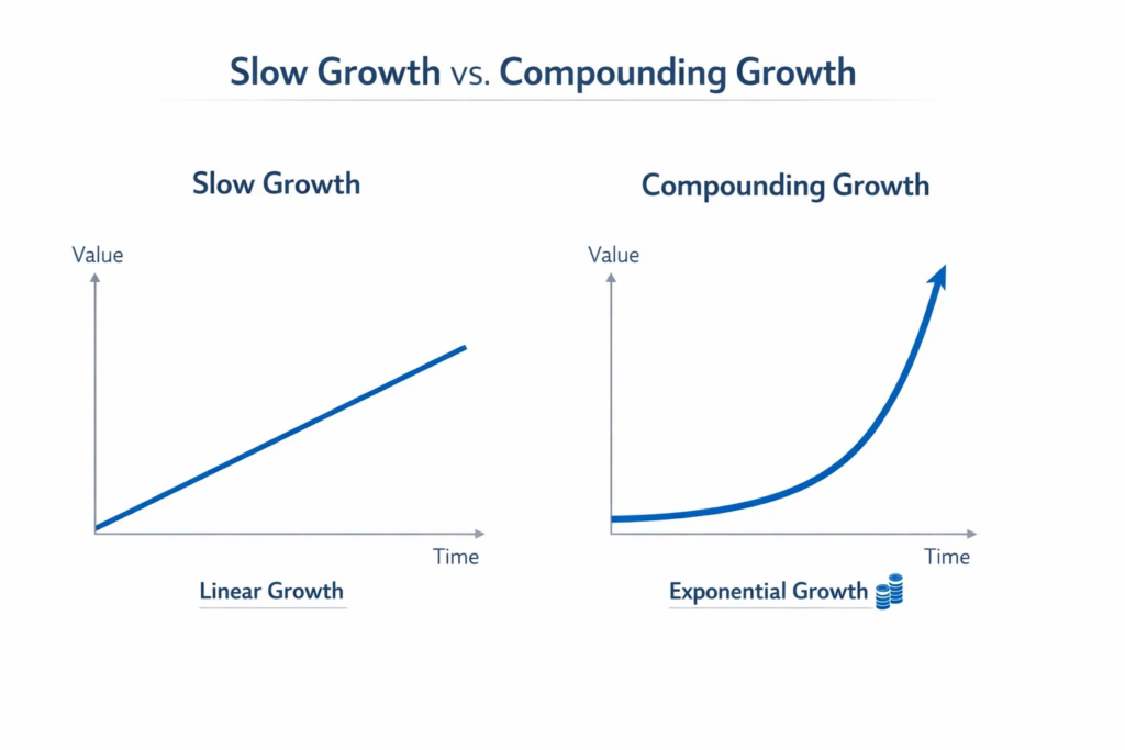 Illustration comparingg slow griwth in FDs vs Compounding growth in REITs.