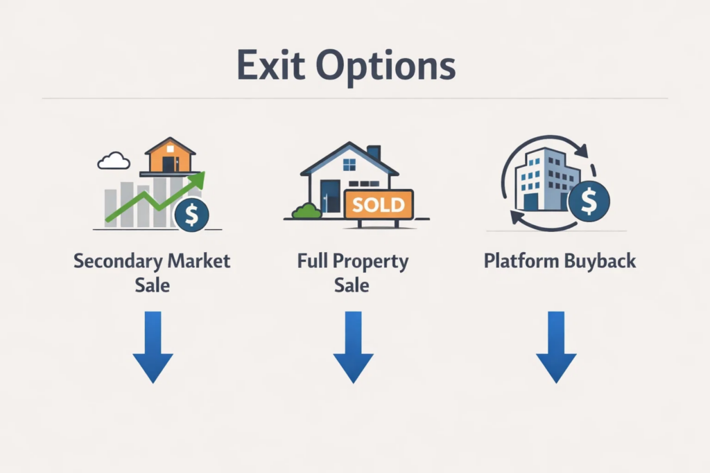explaining exit options in fractional real estate. exploring secondary sales, full property sale and platform buybacks.