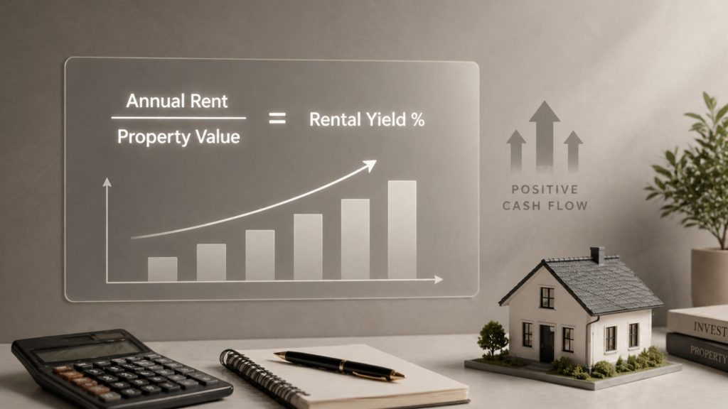 Digital calculation overlay showing the formula for calculating property investment rental yield and cash flow.