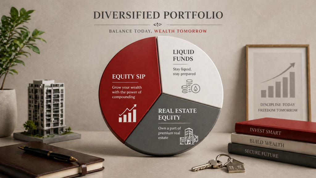 Investment portfolio pie chart showing diversification between equity SIPs and real estate assets for risk mitigation.