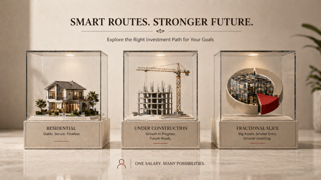 Exploring different real estate routes including residential, under-construction, and fractional ownership for a good investment plan.