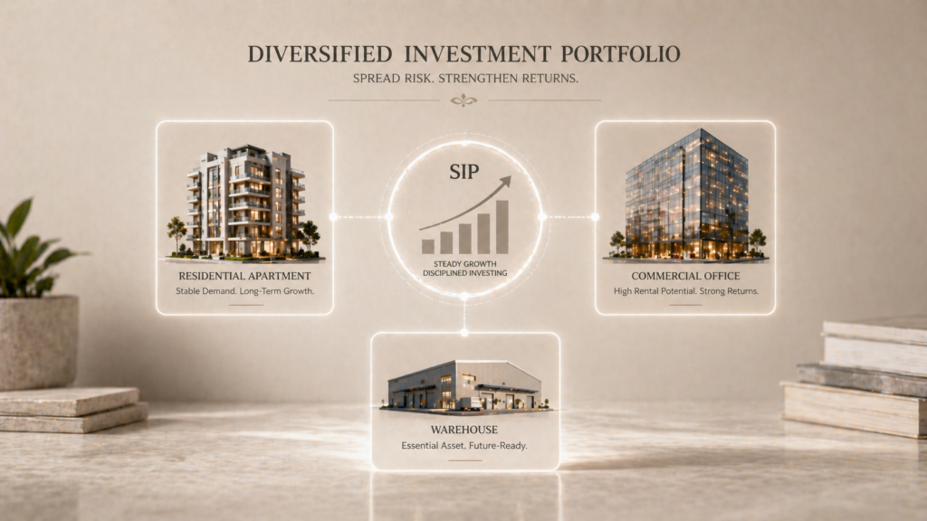 A visual guide showing investment diversification across different property types to lower real estate investment risks in India.