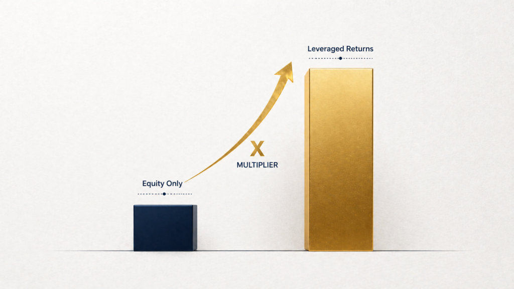 Comparison chart showing how using leverage in real estate investing can magnify total returns compared to equity-only investments.