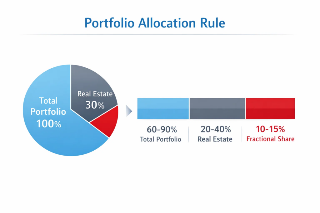 Infographic showing portfolio allocation rule with 100% portfolio split into real estate and fractional ownership, highlighting recommended percentage ranges for balanced investment strategy,