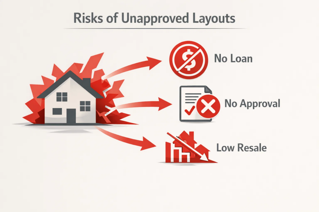 Illustrating Risks of Unapproved Layouts that cause, no bank loans, approvals and low resale.