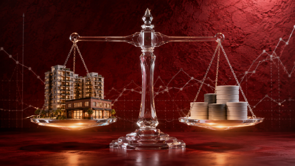 A balanced scale comparing property asset value against unlocked loan equity for a loan against property in India.