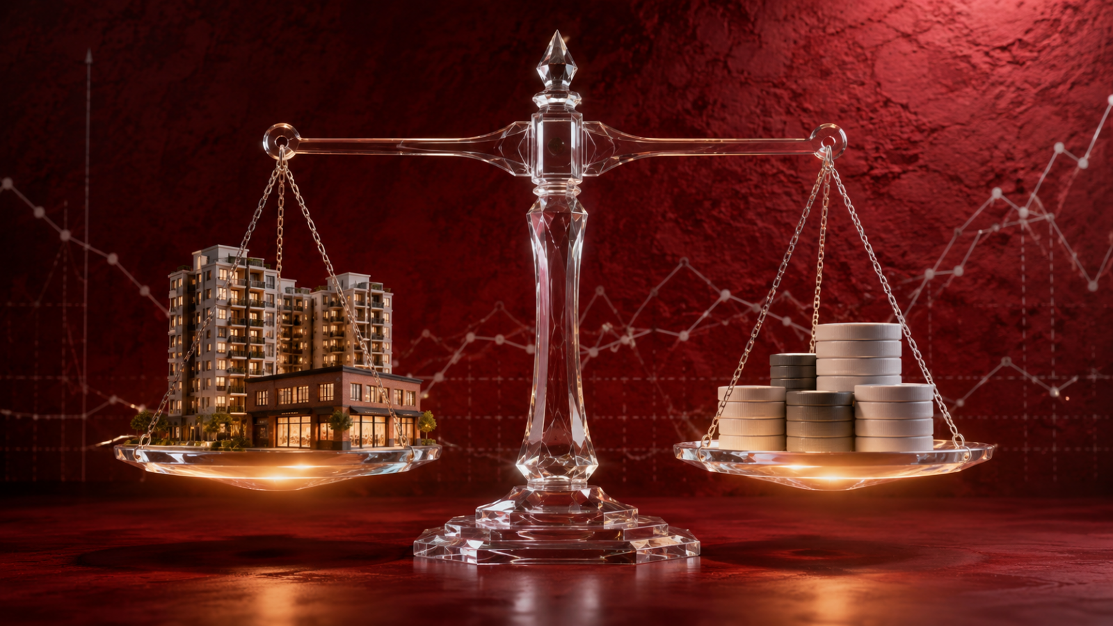 A balanced scale comparing property asset value against unlocked loan equity for a loan against property in India.