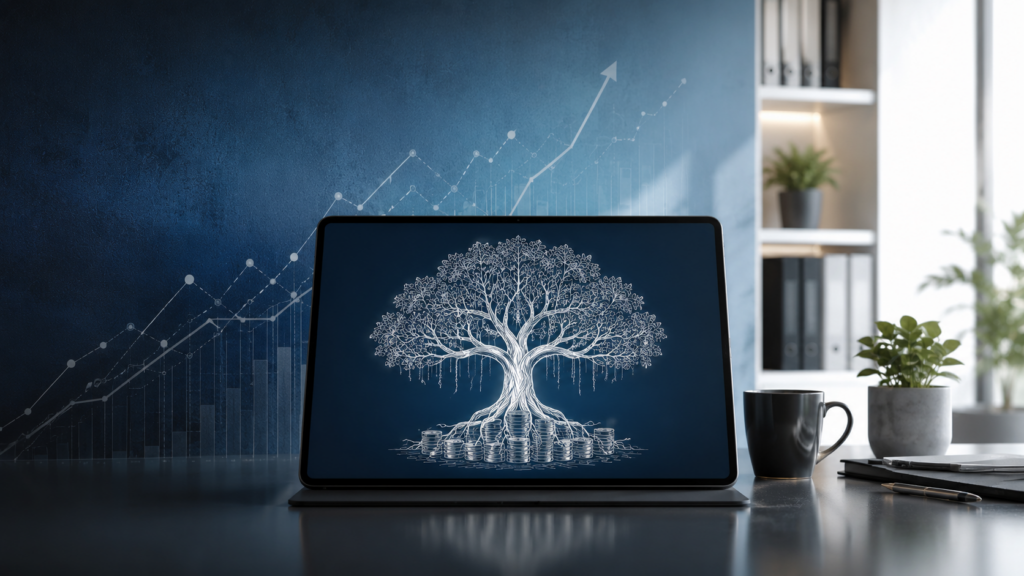 A conceptual visual illustration representing financial independence in India for young investors through disciplined, long-term asset building.