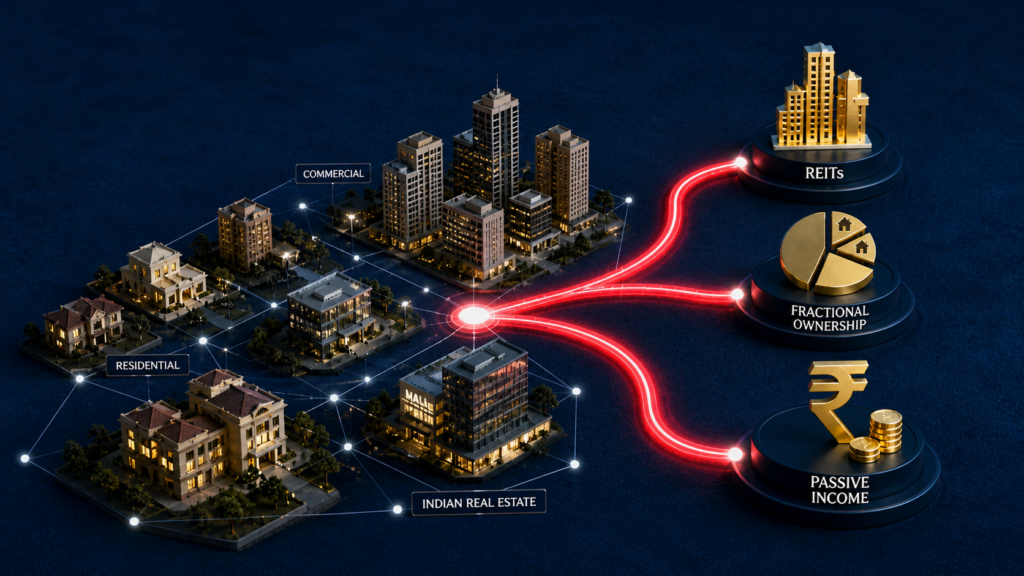 A visual guide to alternative financing options in the Indian real estate market including REITs and fractional ownership for passive income.