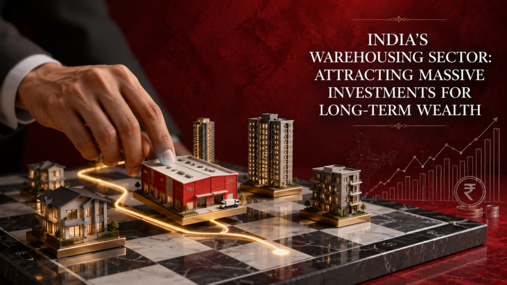 A strategic visual illustration showing how the modernized Indian warehousing sector is attracting institutional investments to build long-term wealth.