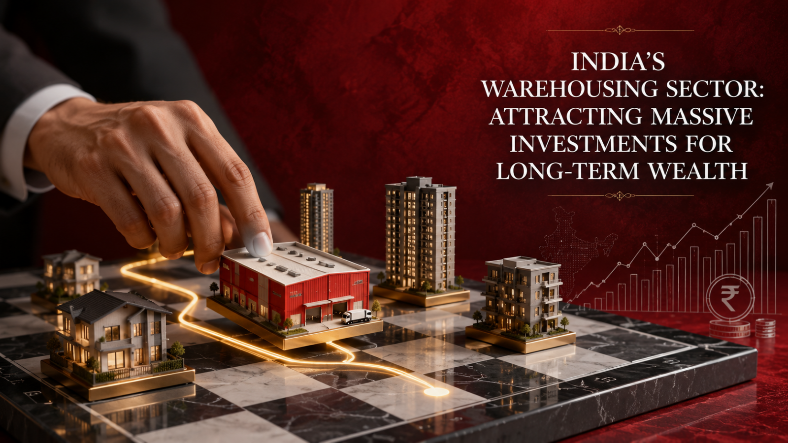 A strategic visual illustration showing how the modernized Indian warehousing sector is attracting institutional investments to build long-term wealth.