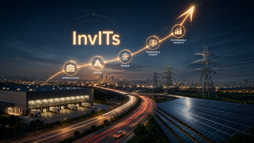 Conceptual visualization of an InvIT (Infrastructure Investment Trust) showing pooled investments in highways, solar power, and energy assets.