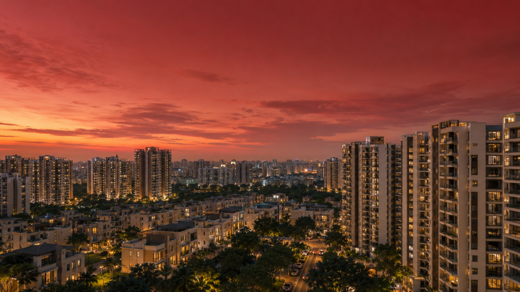 A visual illustration depicting residential property trends in 2026, including smart technology and sustainable living in India