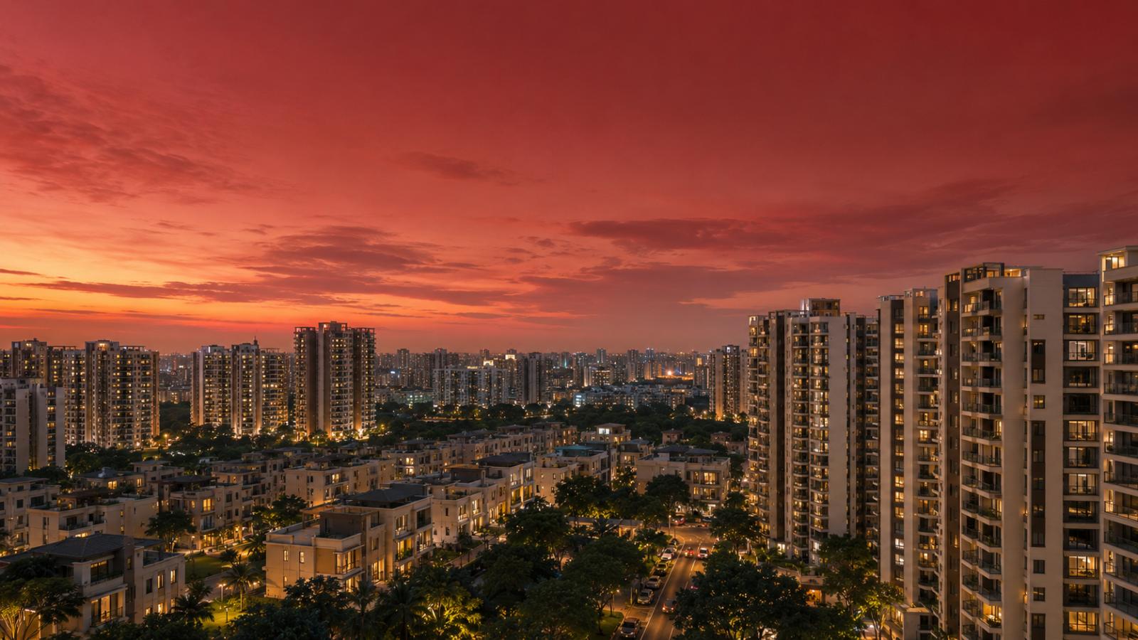 A visual illustration depicting residential property trends in 2026, including smart technology and sustainable living in India