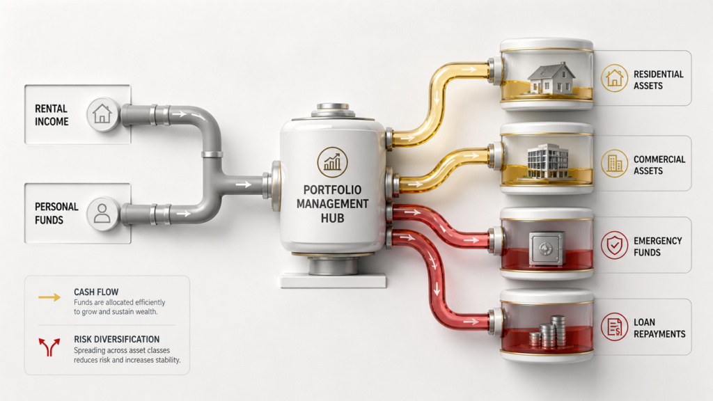 Conceptual visual illustrating efficient cash flow management and risk diversification to finance multiple properties.