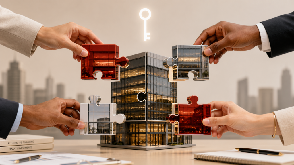 Conceptual visualization of fractional ownership of a commercial property, showing how multiple investors can utilize alternative financing options.