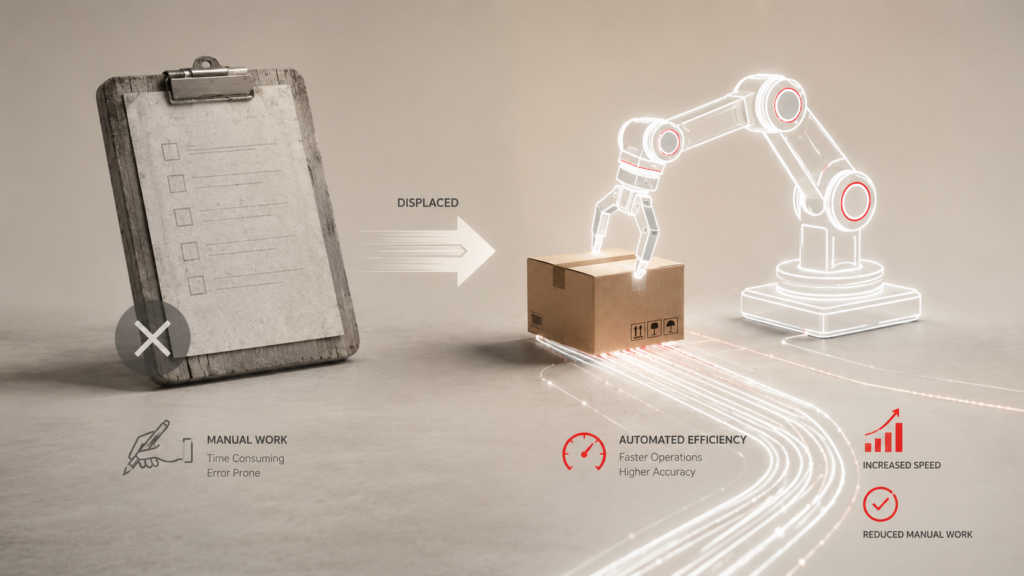 Conceptual visualization of a robotic arm replacing traditional manual sorting, illustrating the automation game changer in Indian logistics.