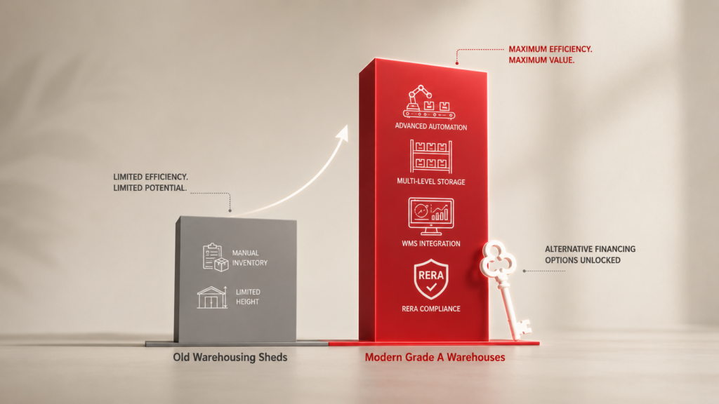 Comparison chart showing how modern Grade A warehouses in India set a new standard for compliance, automation, and investment returns.