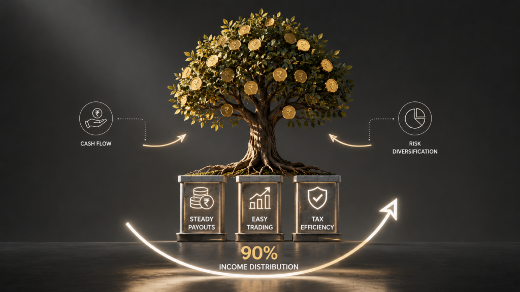 Infographic highlighting the key benefits of InvITs, including passive income from diversified infrastructure assets.