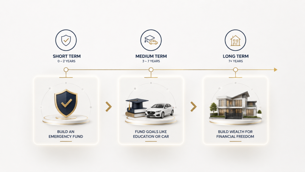 An infographic demonstrating a goal-based monthly investment plan mapping short, medium, and long-term financial milestones.