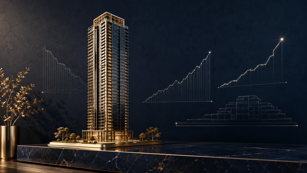 A conceptual visual of a high-end golden architectural model representing the resilience and growth of luxury real estate in India.