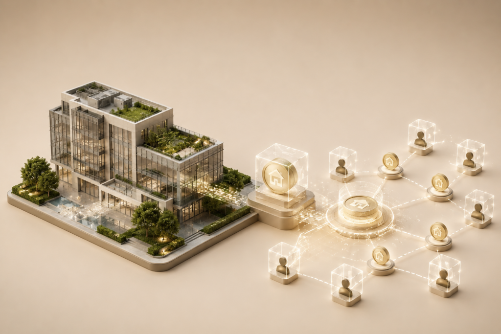 An architectural blueprint layout demonstrating how property tokenization splits high-value real estate into fractional blockchain assets for diversified investing
