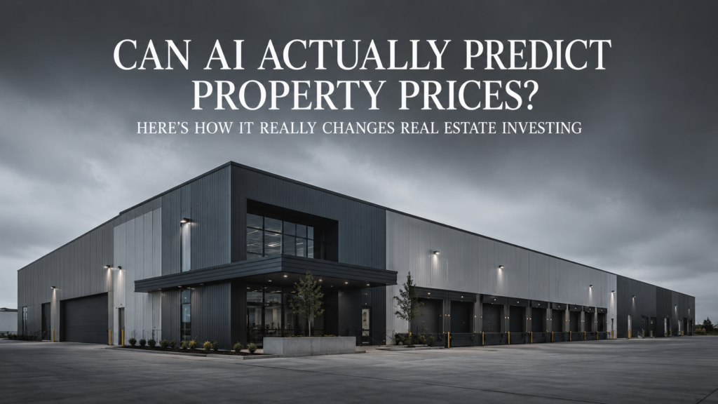 An architectural blueprint graphic illustrating how property price prediction models use artificial intelligence to transform structures into financial growth charts.