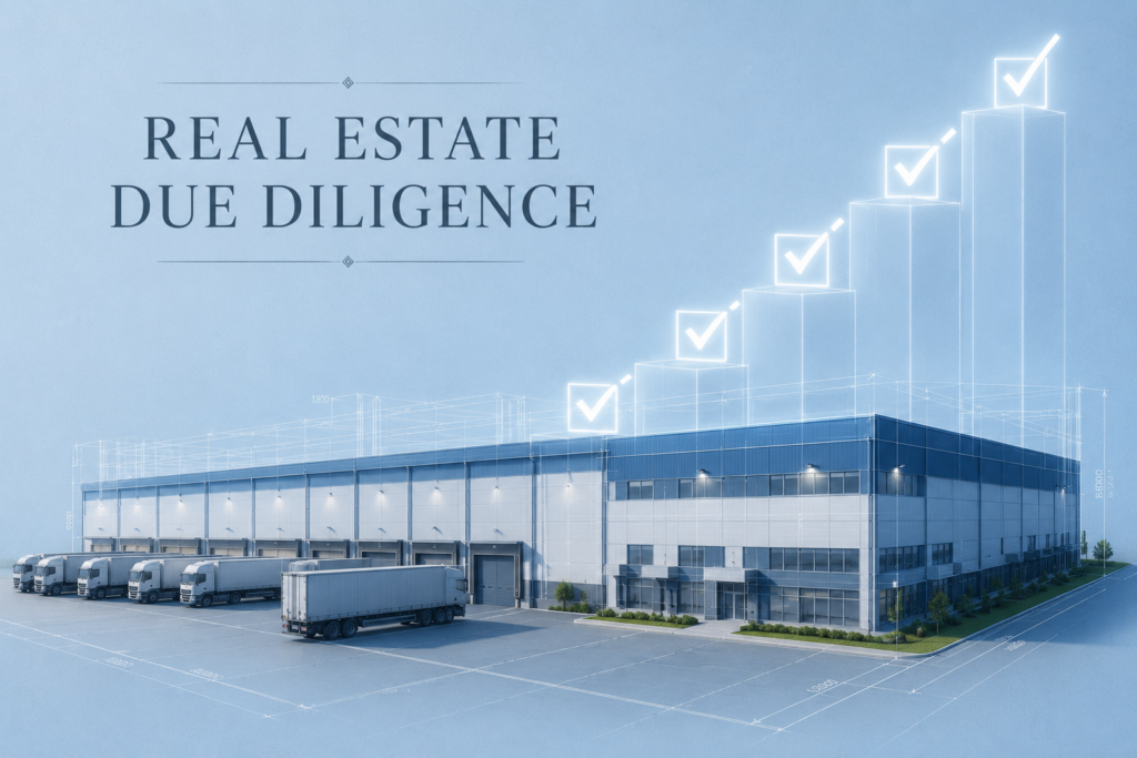 t architectural blueprint in pastel cream detailing the essential structural and legal verification phases of real estate due diligence.