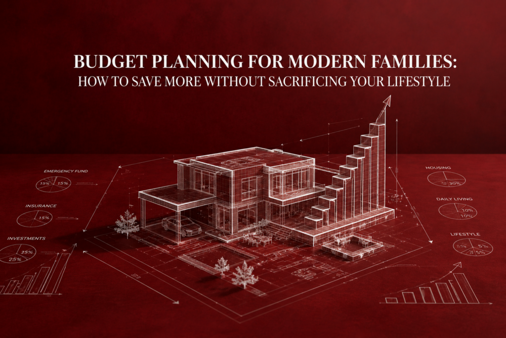 An ultra-minimalist architectural blueprint design illustrating structured budget planning and balanced lifestyle asset growth for modern families.