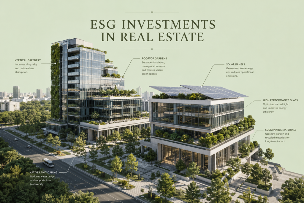architectural wide-angle landscape layout depicting a sustainable office tower split into clean chalk-white blueprint vectors to map out modern environmental asset valuation.