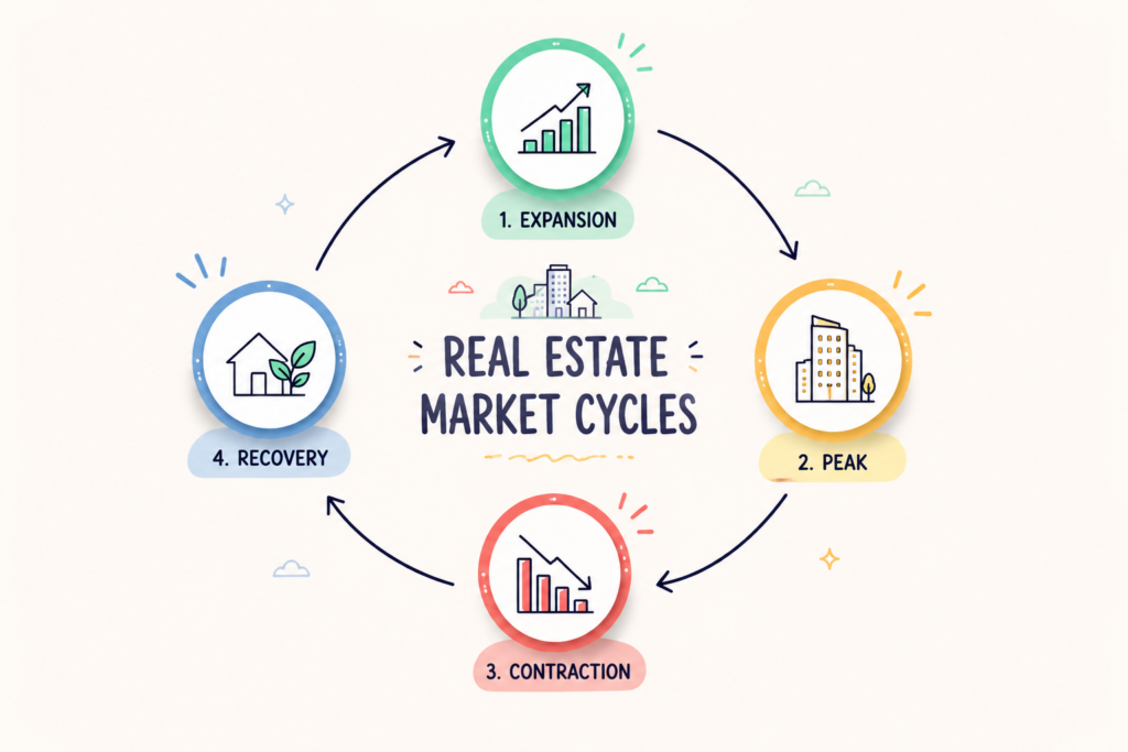 architectural wide-angle landscape layout mapping out structural real estate market cycles with clean chalk-white blueprint curves over a pastel green backdrop to analyze expansion and recovery phases.