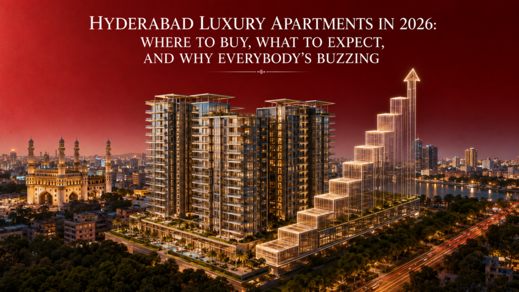 An ultra-minimalist architectural blueprint design illustrating an ultra-luxury high-rise apartment complex and real estate growth trends in Hyderabad.