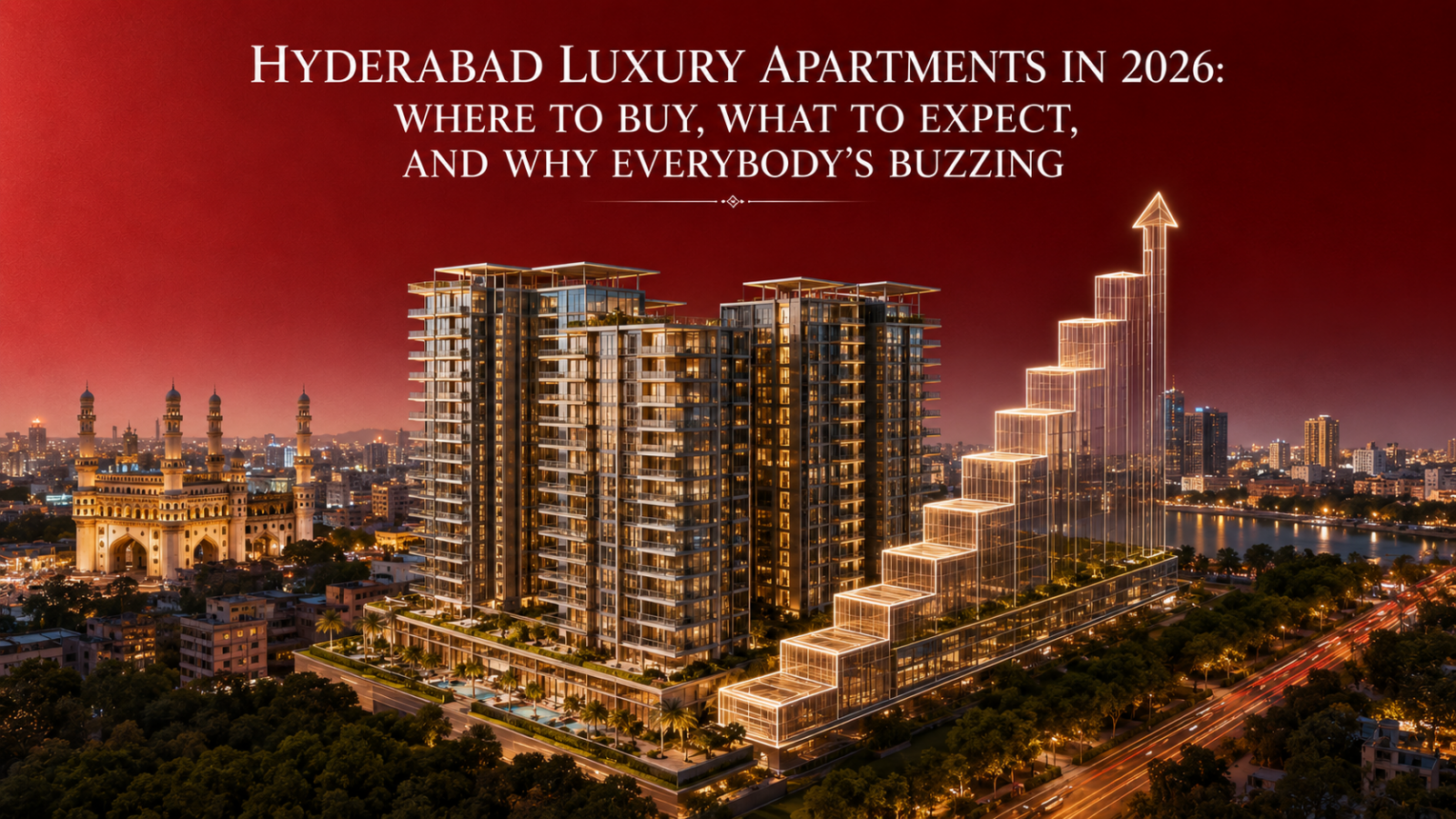 An ultra-minimalist architectural blueprint design illustrating an ultra-luxury high-rise apartment complex and real estate growth trends in Hyderabad.