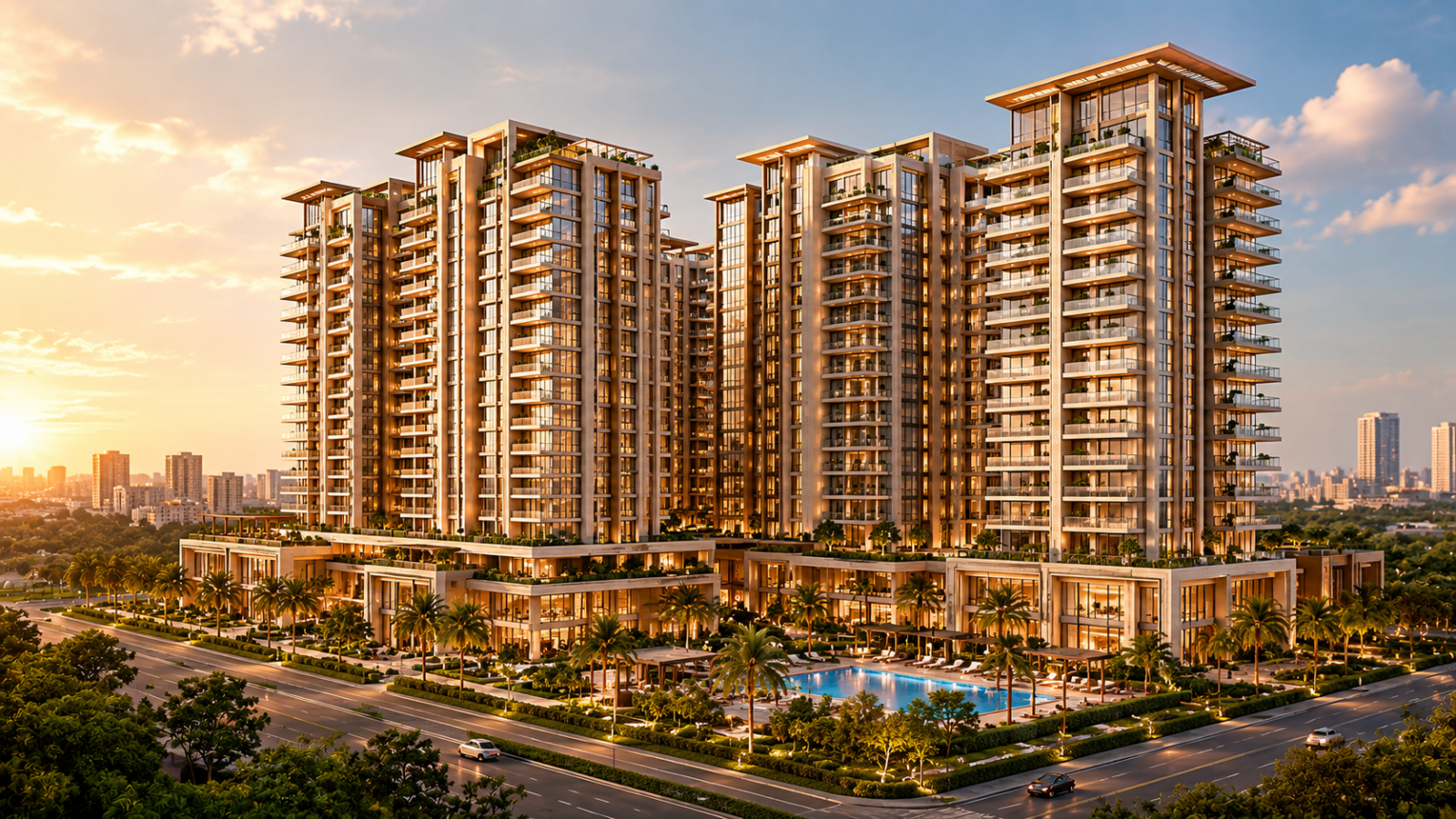 An ultra-minimalist architectural blueprint design illustrating the booming real estate growth trends and structural layout of luxury flats in Hyderabad.