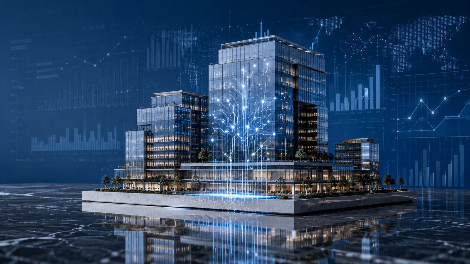 A high-tech architectural model of a modern building integrated with glowing digital data pathways, illustrating AI in real estate trends across India.