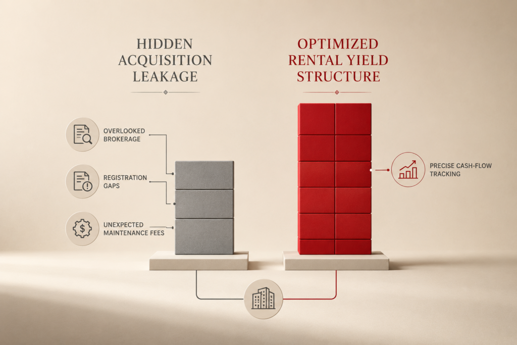 An informational flowchart and comparative bar chart tracking how comprehensive real estate due diligence uncovers hidden costs to protect real rental yields.