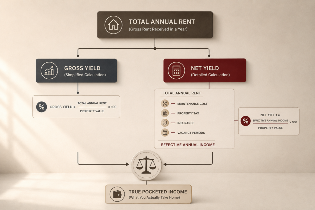 An informational flowchart contrasting gross and net rental yield to help investors calculate true annual property income and expenses.