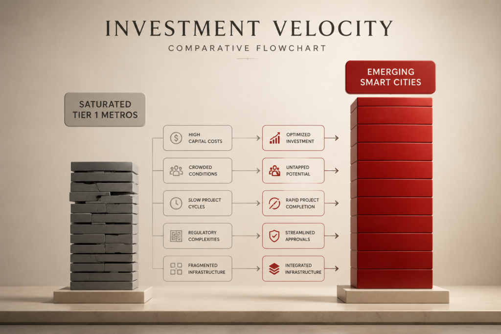An informational flowchart and bar chart contrasting the property value velocity of crowded tier-one metros against high-growth smart city investments.