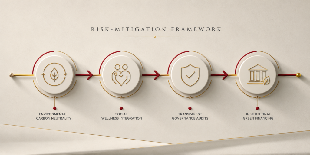 Cause-and-effect pipeline flowchart outlining how systematic compliance across environmental, social, and governance filters creates resilient long-term real estate portfolios.