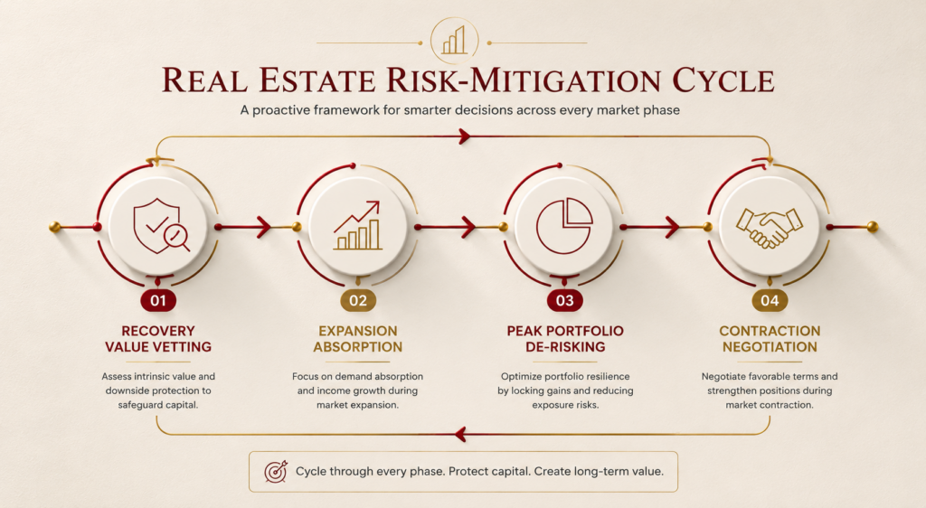 Cause-and-effect pipeline flowchart tracking the four core stages of real estate market cycles to guide systematic buy hold and exit strategic allocations.