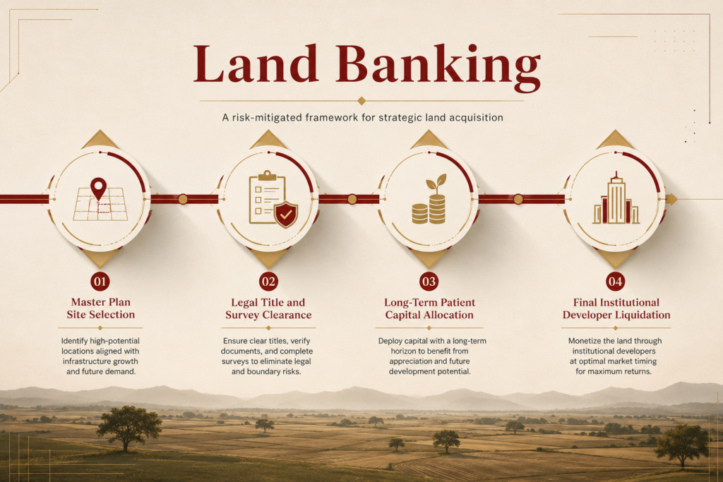 Cause-and-effect pipeline flowchart tracking the four core operational phases of land banking to de-risk peripheral property investments.