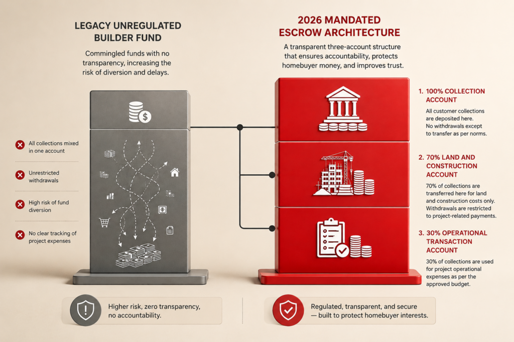 Technical financial graphic illustrating the mandatory three bank account escrow flowchart separating basic developer operations from restricted construction capital in RERA 2026.