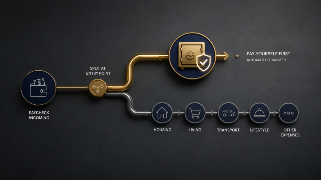 A visual graphic showing the automated process of paying yourself first to secure family savings instantly.