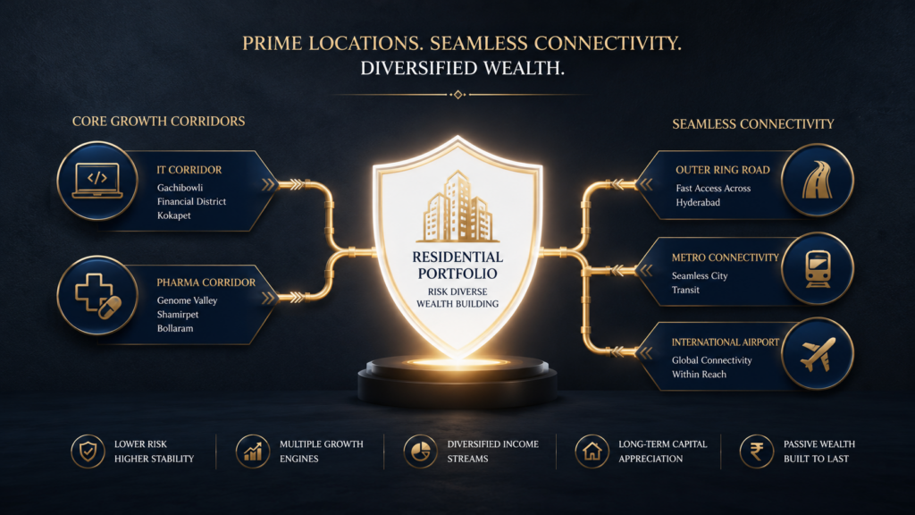 A visual graphic showing how infrastructure expansion and high-growth sectors feed into the premium real estate demand in Hyderabad.