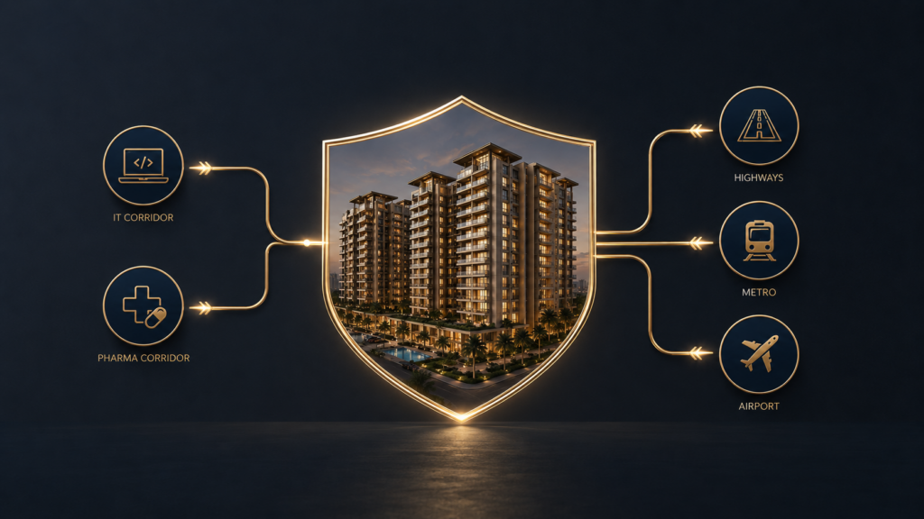 A visual graphic showing how infrastructure expansion and high-growth sectors feed into the premium demand for luxury flats in Hyderabad.