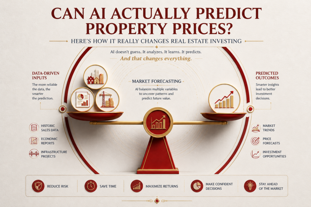 A conceptual infographic scale balancing diverse data points like economic reports and infrastructure for accurate property price prediction algorithms.