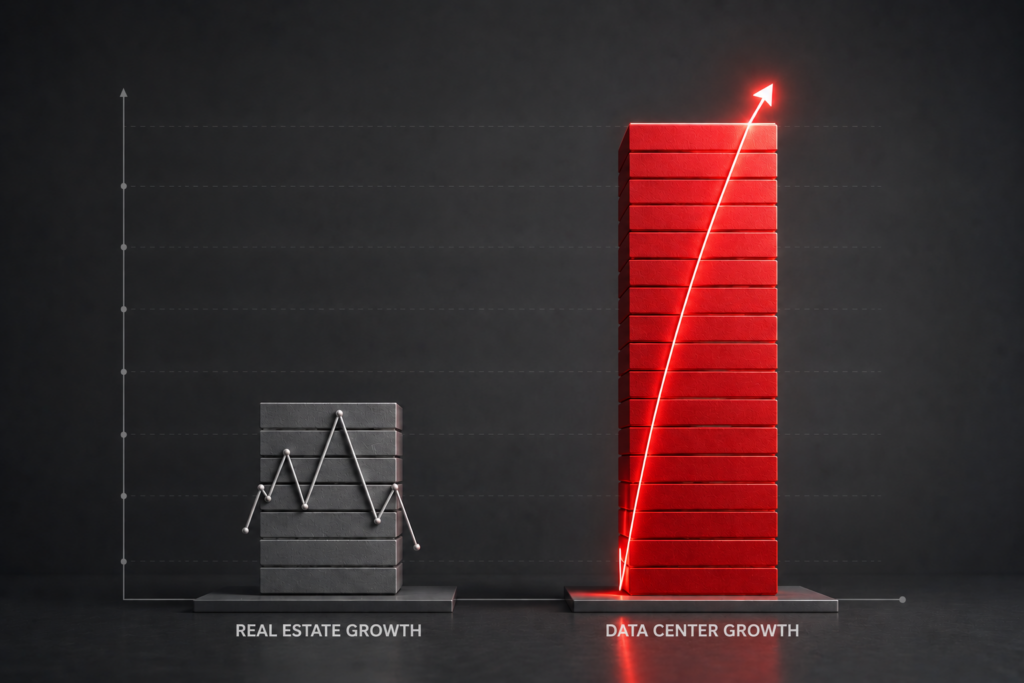 A comparative bar chart highlighting the resilience and structural demand of data center real estate investment compared to traditional retail or office property spaces.